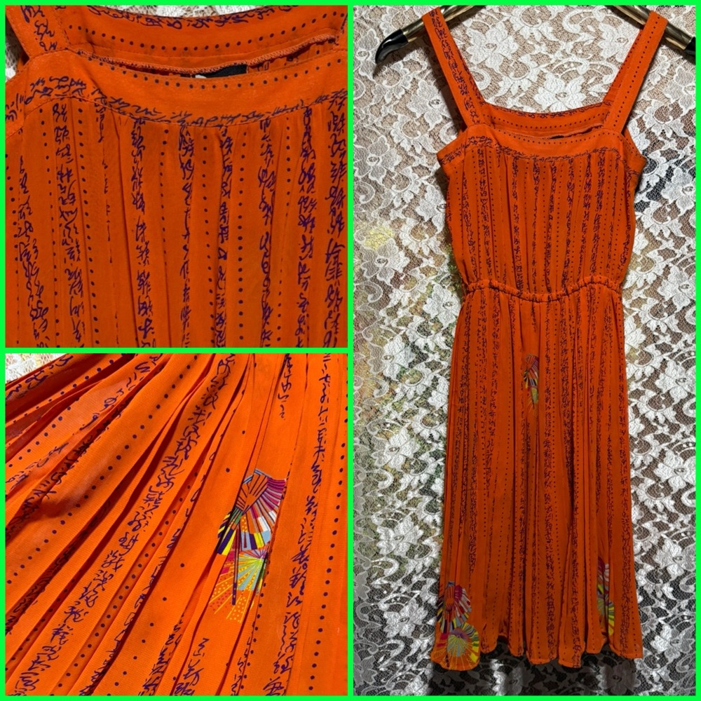Vintage Sleeveless Orange Printed Midi Dress - Women XS Asian print